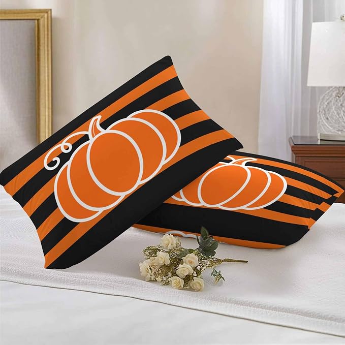 Orange Pumpkins Outdoor Waterproof Pillow Covers, Autumn Black Stripes Farmhouse Decorative Rectangle Throw Pillowcase Sofa Cushion Sham for Patio/Couch/Chair, 20"x12" 2 Pack