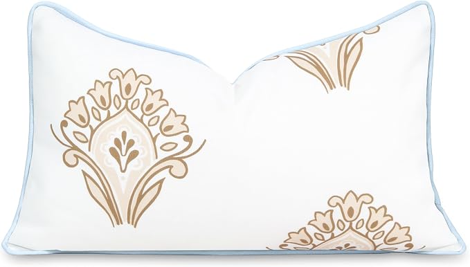 Hofdeco Premium Coastal Patio Indoor Outdoor Lumbar Pillow Cover Only, 12"x20" Water Repellent for Backyard, Couch, Baby Blue Tan Floral with Piping