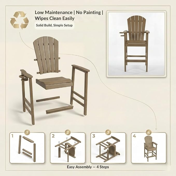 WILLIAMSPACE Patio Bar Chair Bar Stool, Outdoor All Weather HDPE Height Adirondack Chair with Armrests & Cup Holder, 1-Piece Counter Height Chair for Pool, Garden, Kitchen, ONLY 1 Chair (Brown)