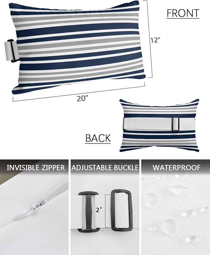 Blue and Grey Striped Outdoor Pillows with Insert Blue Grey White Geometric Waterproof Patio Pillows with Adjustable Strap Decorative Head Recliner Lounger Chair Throw for Patio Furnitures 1 Pack