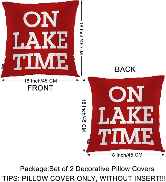 Swono Set of 2 On Lake Time Pillow Covers 18 X 18 Inch, Funny Lake Quote Square Decorative Throw Pillow Covers for Sofa Couch Bed,Outdoor Indoor Pillowcase Cushion Cover, Red White