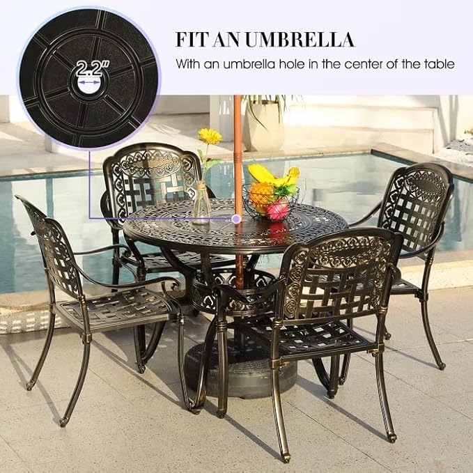 Patio Dining Table,Cast Aluminum Patio Table with Umbrella Hole, Outdoor Bistro Table for Backyard, Garden, Patio