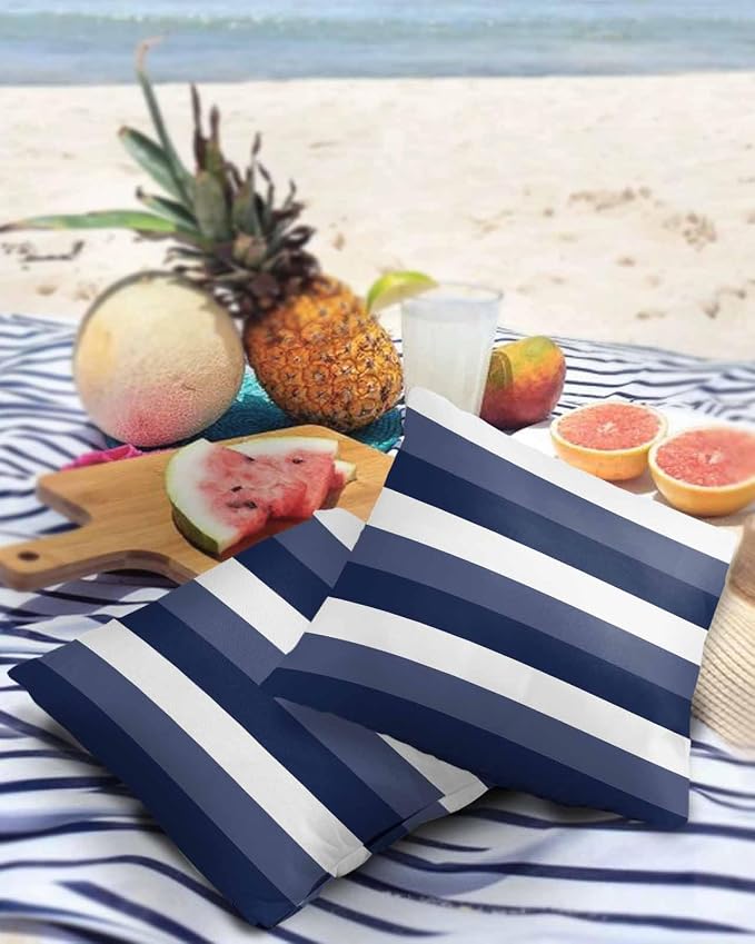 Pack of 2 Navy Blue Stripes Outdoor Pillow Waterproof Covers 20x20 inch, Geometric Pattern Polyester Throw Pillow Covers Garden Cushion Decorative Case for Patio Couch Decoration