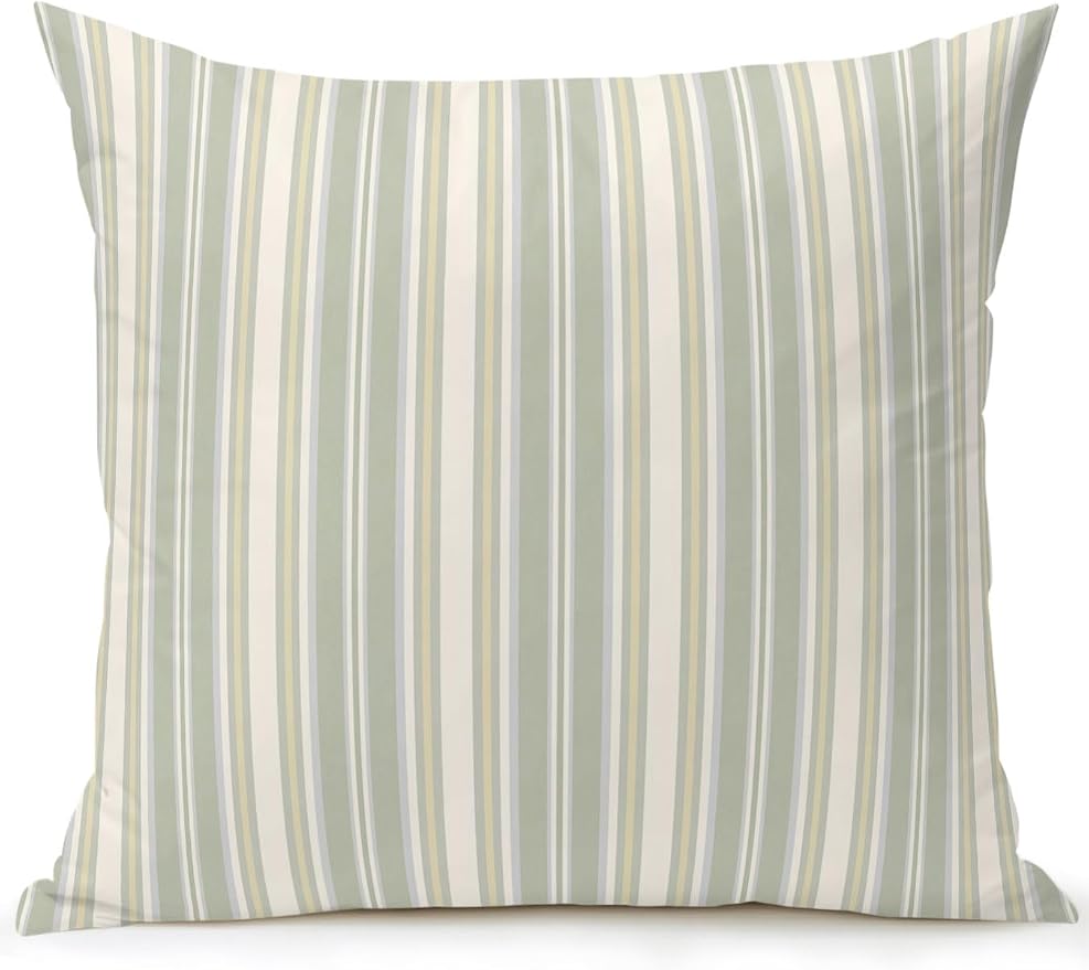 Waterproof Outdoor Pillow 1 Pack Sage Green Stripes Decorative Throw Pillows Cover & Insert 18x18 Inch Pillowcase White Lines Lines Square Pillows for Couch Sofa Bed Patio Furniture Indoor Outdoor