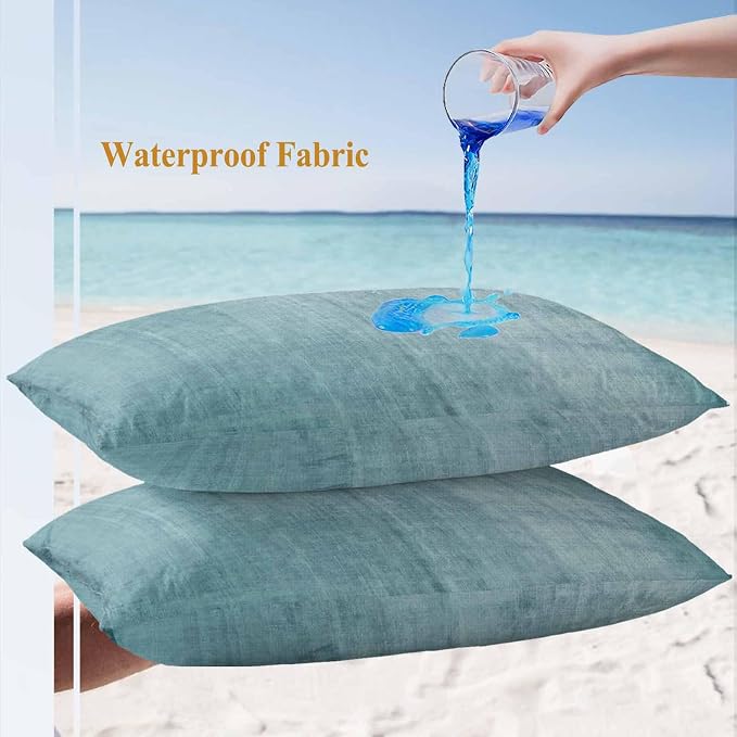 Vandarllin Outdoor Throw Pillows Covers 20x12 inch Set of 2 Waterproof Turquoise Linen Decorative Zippered Cushion Covers for Patio Furniture, Solid Color Texture Lumbar Pillowcases