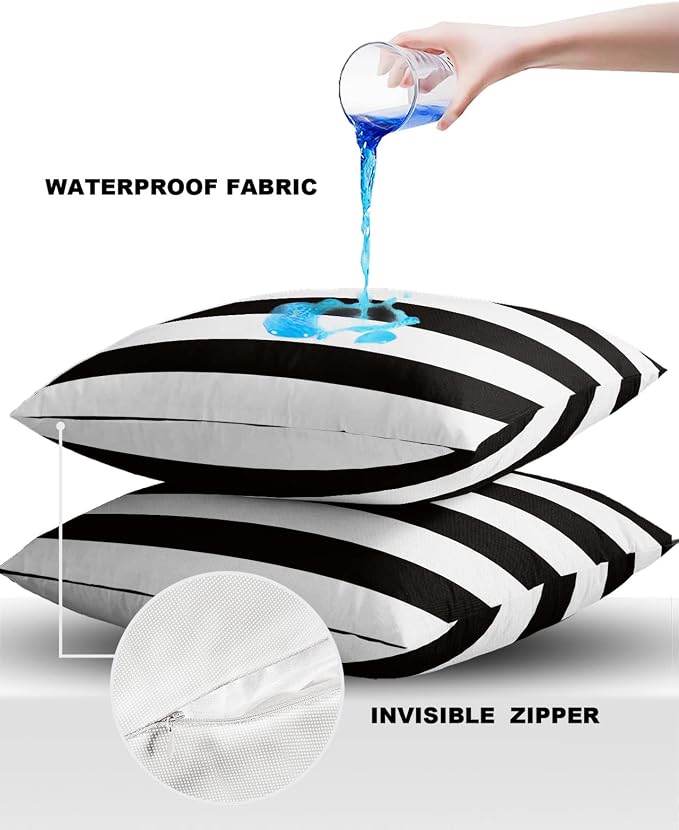 JasmineM Outdoor Pillow Covers 26x26 Waterproof Polyester Throw Pillow Covers, Black White Stripes Decorative Pillowcases Garden Cushion Case for Patio Couch Sofa Decoration Set of 2, Geometric