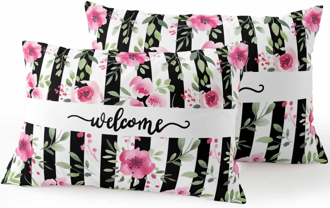 Outdoor Waterproof Throw Pillows Welcome Words Pink Flowers Patio Pillows Pack of 2,Decorative Pillow Covers with Insert,Pillow Cushion Case for Garden Couch Sofa Country Black Line