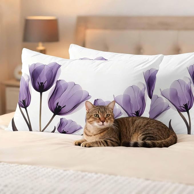 Spring Purple Outdoor Waterproof Throw Pillow Covers Set of 2, 20"x12", Flowers Image of Tulips Floral Decorative Pillow Covers Outside Cushion Case for Patio Porch Garden