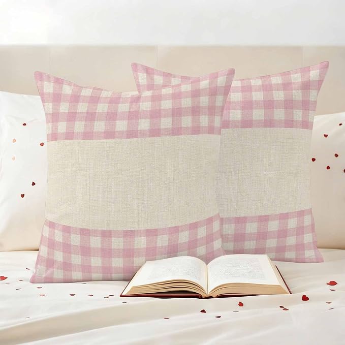 Retro Pink Outdoor Waterproof Pillow Covers, Farmhouse Buffalo Plaid Vintage Beige Decorative Square Throw Pillowcase Sofa Cushion Sham for Patio/Couch/Chair, 16"x16" 2 Pack
