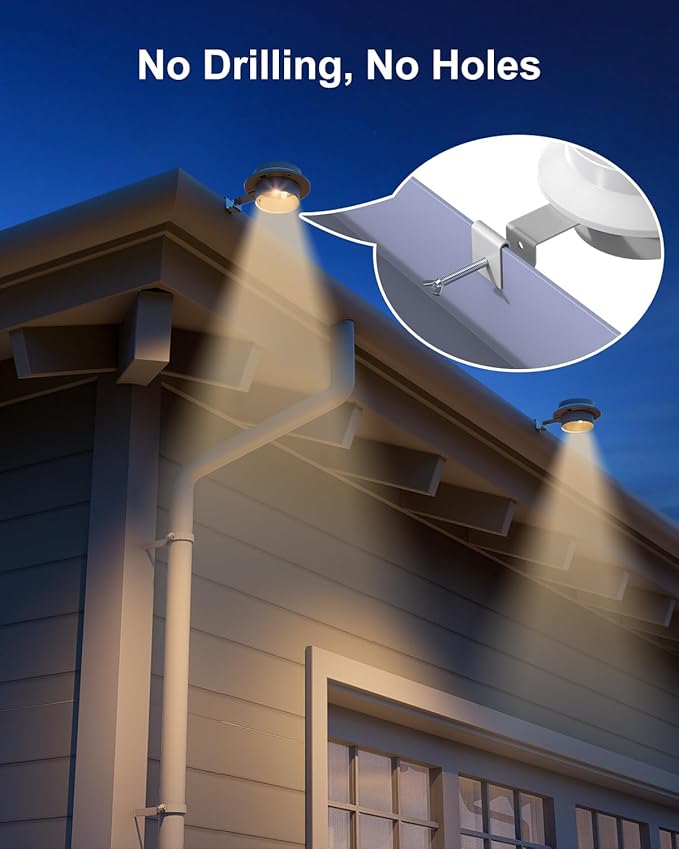 8 Pack White Solar Powered Clip On Gutter Mount Lights Outdoor Waterproof LED Fence Lamp for Lighting Rainspout, Railing, Outside House, Wall, Deck, Porch, Garage, Easy Peasy Installation(Warm White)