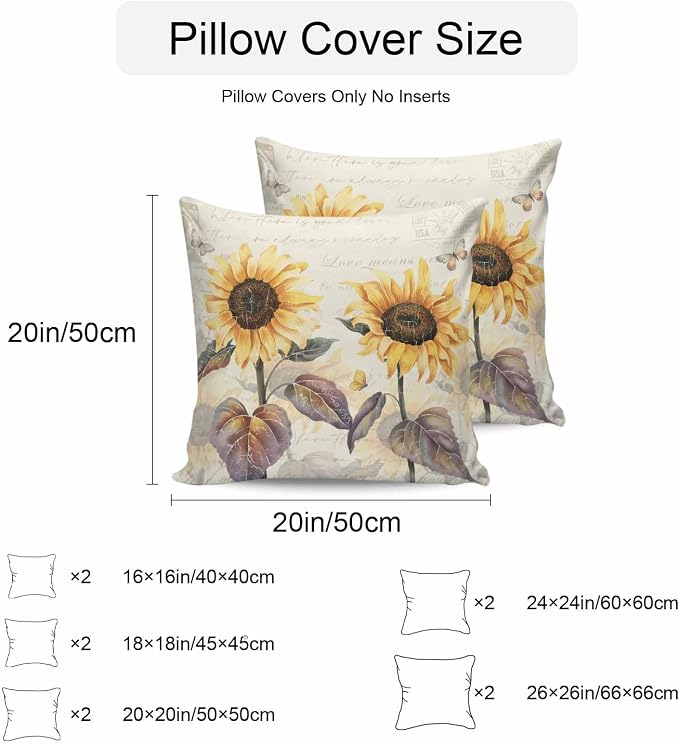 Sunflower Outdoor Pillow Covers Pack of 2, Retro Sunflower Floral Butterfly Waterproof Pillow Covers Seasonal Spring Summer Throw Pillowcase for Patio Funiture Garden Tent, 16 x 16 inch