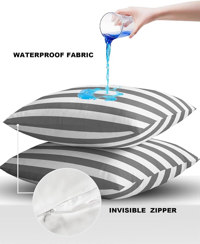 Outdoor Waterproof Pillow Covers for Patio Furniture Grey and White Stripes Decorative Throw Pillow Cover Solid Striped Pillowcases Set of 2 Cushion Case for Sofa Couch Chair 20 x 20 in
