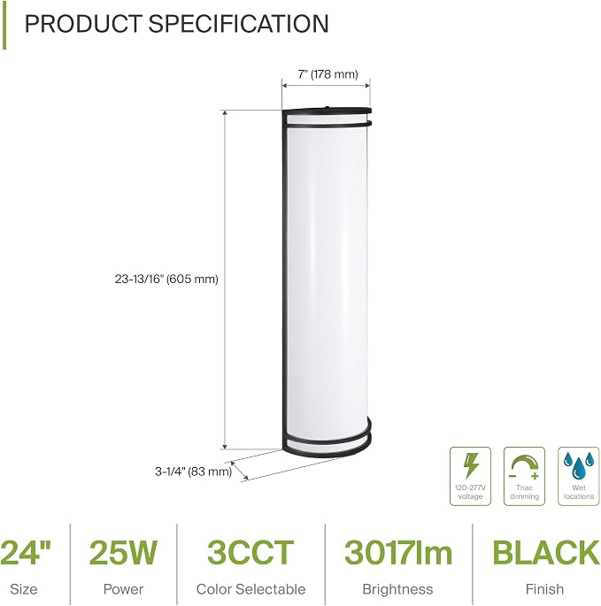 ASD 24 Inch LED Outdoor Sconce Lights - 25W 120-277V 3000K 4000K 5000K Black Exterior Lighting Fixtures, Dimmable Exterior Lights for House, Modern Patio Wall Light Fixture ETL