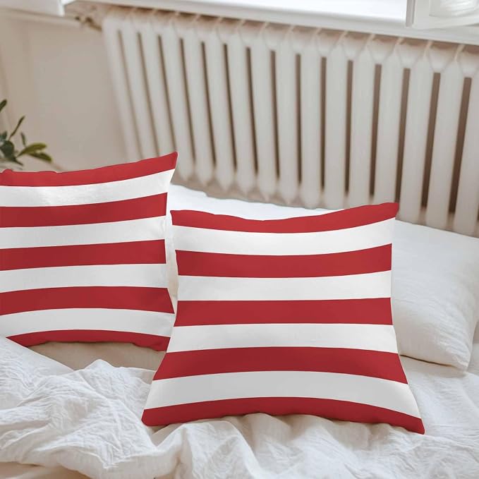 Outdoor Waterproof Throw Pillow Covers Set of 2 Red White Stripe Pillowcases 24x24 Inches Simple Style Striped Decorative Pillows Cushion Case Patio Pillows for Couch Bed Chair Garden