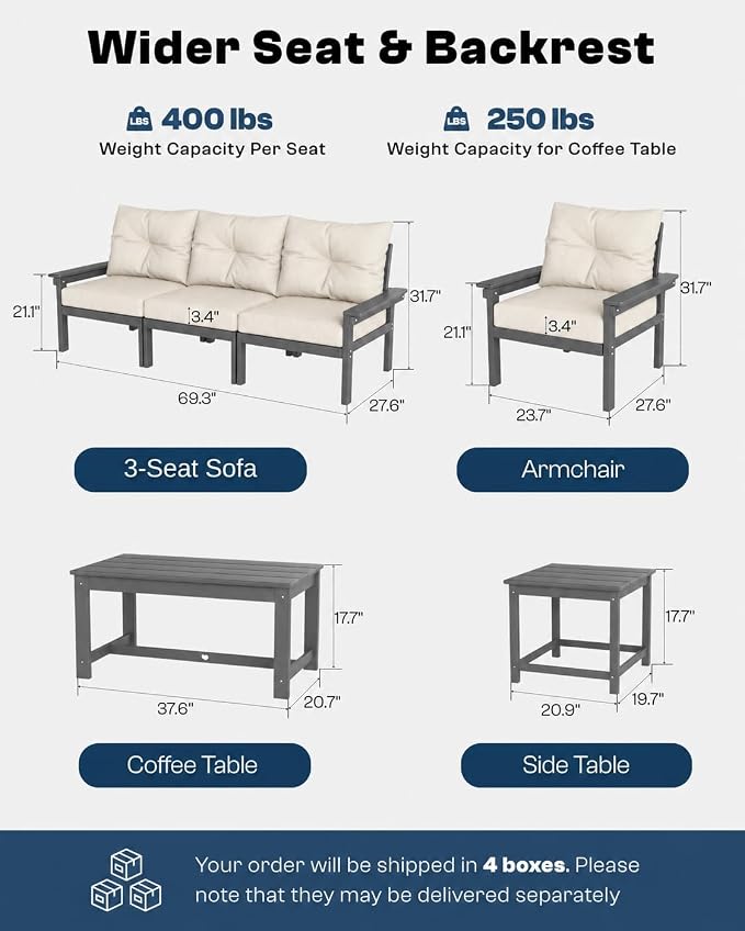 3 Piece HDPE Outdoor Patio Furniture Set, All-Weather 2 Armchairs with Side Table, Patio Conversation Set with Beige Washable Thick Cushion for Balcony, Porch (Grey Frame)