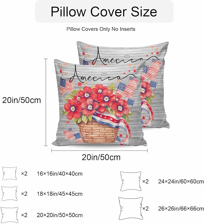 4th of July Floral Waterproof Outdoor Pillow Covers Set of 2 Home Decor, Patriotic Star Stripe Flag Grey Wood Pillowcase Patio Pillow Covers for Couch Bench Furniture Garden 24x24in