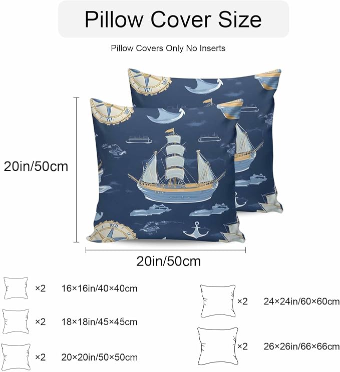 Coastal Boat on Navy Blue Outdoor Pillow Covers 16x16in Pack of 2 Waterproof Pillowcase Nautical Ocean Compass Anchor Decorative Throw Cushion Case for Patio Couch Sofa
