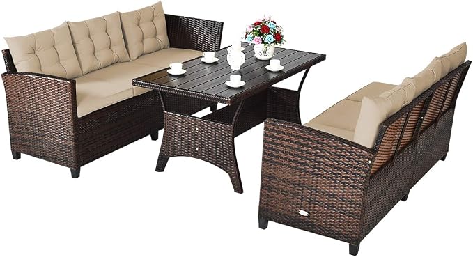 HAPPYGRILL 3 Pieces Wicker Patio Conversation Set, Outdoor Rattan Sofa Set with Cushions, Patio Furniture Set with Coffee Table for Patio Garden Lawn Poolside and Backyard