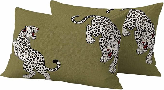 Vandarllin Outdoor Throw Pillows Covers 20x12 inch Set of 2 Waterproof Green Leopard Decorative Zippered Cushion Covers for Patio Furniture, Bohemian Animal Print Lumbar Pillowcases