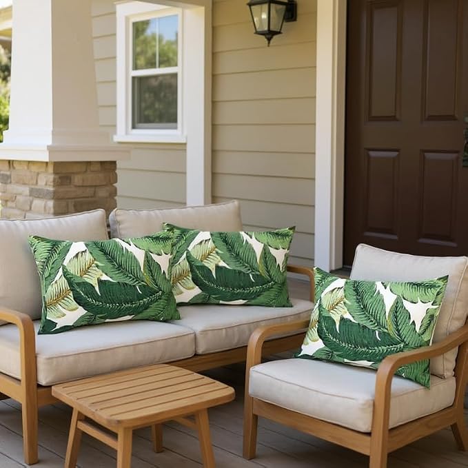 RSH DECOR: Lumbar Throw Pillows Set of 4 | 20” x 12" | All-Weather Spun Fabric | Water and Fade-Resistant | Outdoor Support Pillows for Patio Furniture | Swaying Palms Aloe