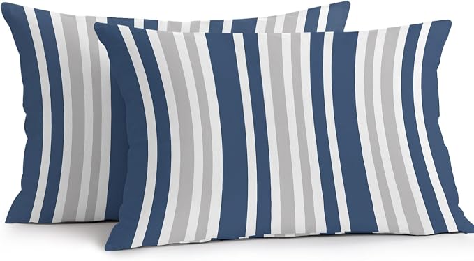Navy Blue Grey Stripe Outdoor Pillow Covers 20x12 Inch Lumbar Pillow Covers Set of 2 Waterproof Decorative Throw Pillow Cases Farmhouse Minimalist Striped Cushion Covers for Patio Furniture Garden