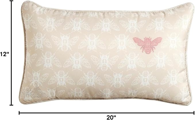 Honeycomb Indoor/Outdoor Lumbar Pillow for Patio Furniture, 20 x 12 | Chamomile Beige Embroidered Bumble Bee Throw Pillow, Water & Fade Resistant for Patio Furniture Set