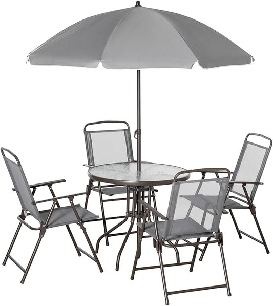 6-Piece Patio Dining Set for 4 with Umbrella, Outdoor Table and Chairs Set with 4 Folding Chairs, Round 31.5" Tempered Glass Table for Garden Backyard Poolside, Gray