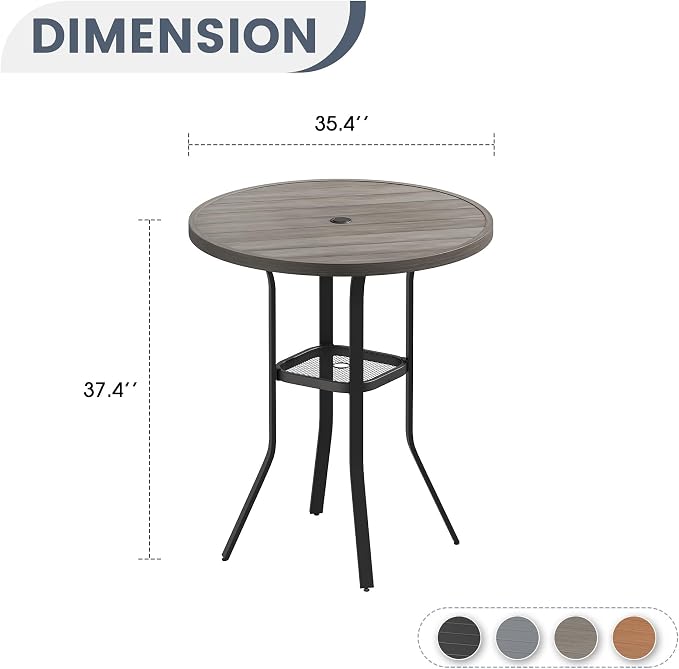 VICLLAX Patio Bar Height Table, Outdoor Round Bar Table with Umbrella Hole for Balcony, Porch, Deck, 37" Grey