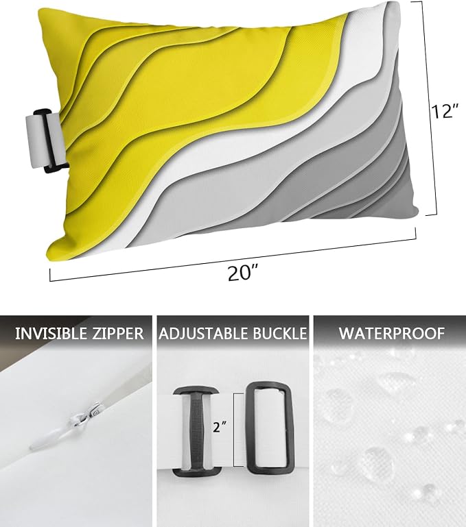 Geometric Ombre Lounge Pillows Outdoor, Aesthetic Yellow Grey White Gradient Abstract Head Pillows, Modern Waterproof Patio Furniture Lumbar Pillows with Adjustable Elastic Strap for Recliner Beach
