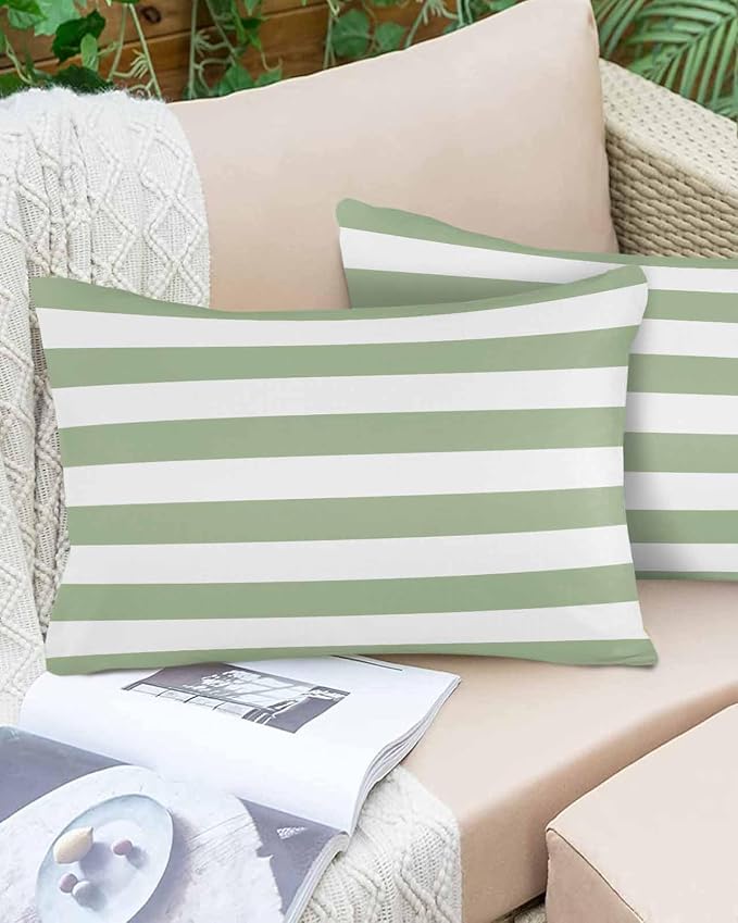 Outdoor Waterproof Throw Pillows Sage Green White Stripes Horizontal Lines Patio Pillows Pack of 1,Decorative Pillow Covers with Insert,Pillow Cushion Case for Garden Couch Sofa Modern Minimalism