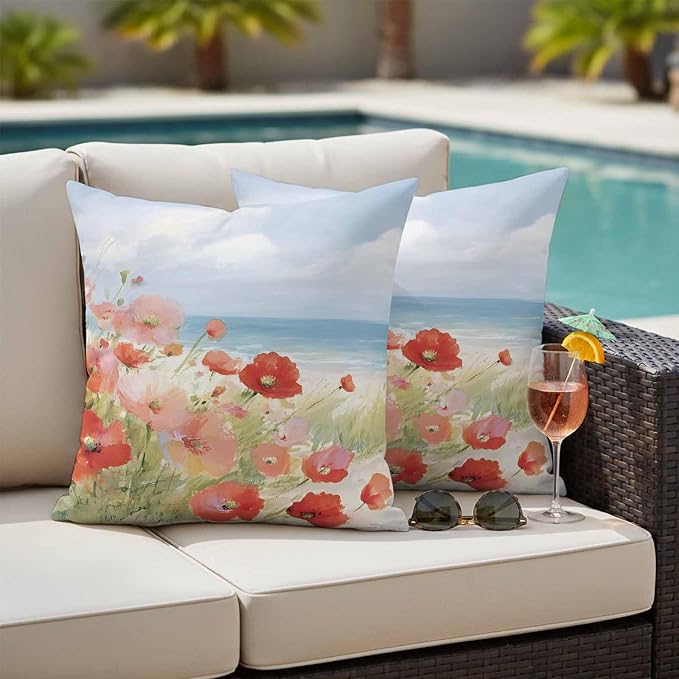 Spring Red Pink Floral Outdoor Pillow Covers 16x16 Inch Throw Pillow Covers Set of 2 Waterproof Decorative Pillow Cases Summer Coastal Beach Wave Ocean Blue Cushion Covers for Patio Furniture Garden