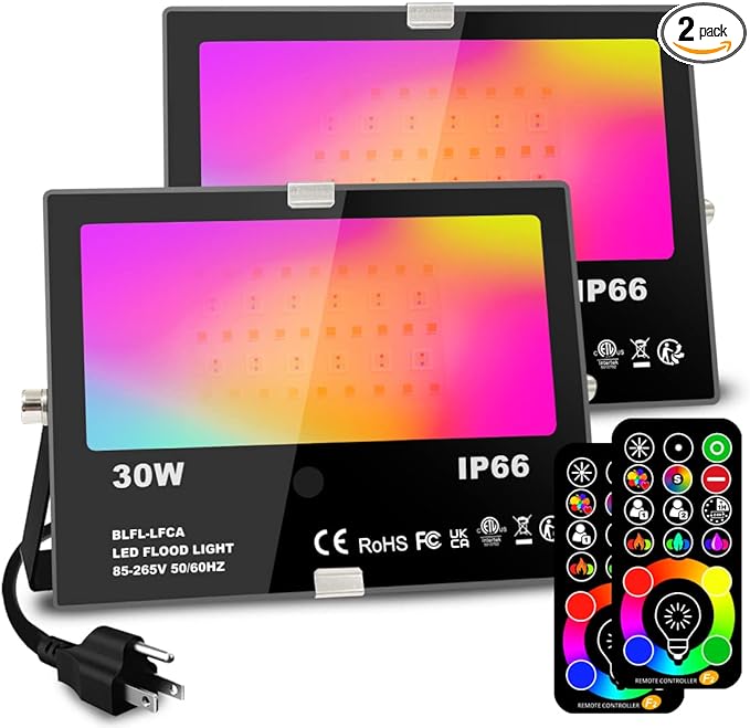 Led Flood Light Outdoor 30W, 300W Equivalent, Color Changing RGB Lights | Remote Control, 120 RGB Colors, Warm White 2700K, Timing, Custom Mode, Uplight Landscape Lights,IP66 US 3-Plug (2 Pack)