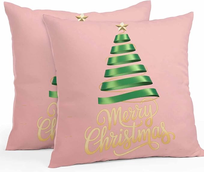 Pink Christmas Tree Outdoor Pillow Covers 26 x 26 Inches, Green Xmas Tree with Star Waterproof Throw Pillow Cover Set of 2, Christmas Pink Decorative Square Cushion Covers for Patio/Couch