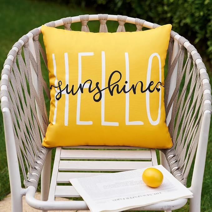 DFXSZ Yellow Outdoor Waterproof Pillow Covers 24x24 Set of 2 | Hello Sunshine Decor Spring Summer Polyester Pillow Covers(NO INSERTS)| Decor for Patio Funiture Garden Sofa Couch