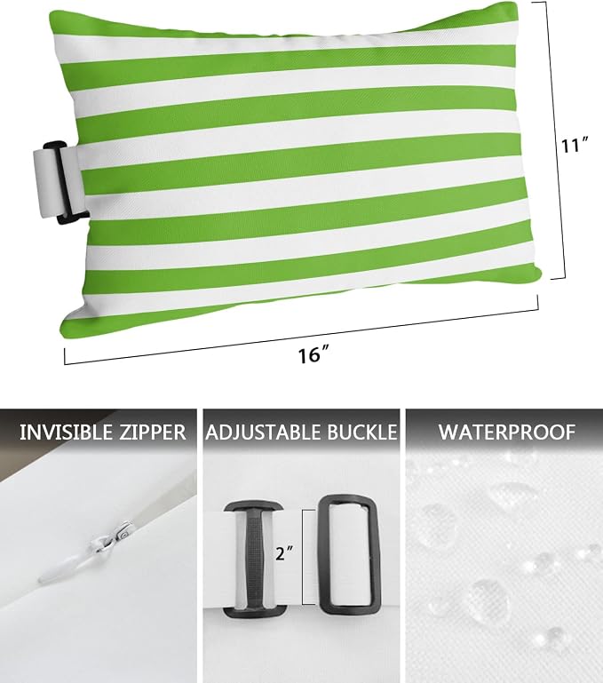 T&H XHome Outdoor Pillow for Chaise Lounge Chair, Green and White Stripes Waterproof Headrest Pillow Lumbar Pillows with Adjustable Elastic Strap for Beach, Poolside, Patio, Office (2 Pack)