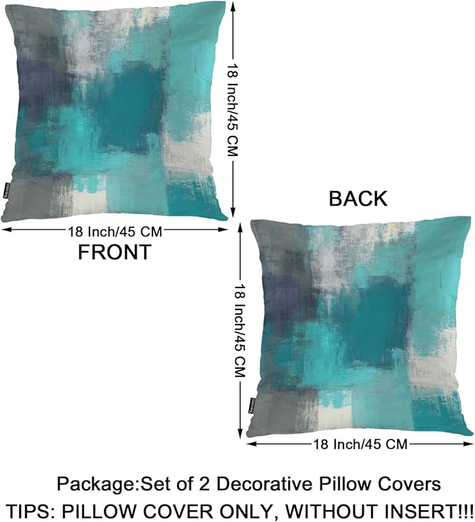 Swono Abstract Painting Throws Pillows Covers for Couch, Graffiti Turquoise Grey Brush Decorative Pillow Cases for Men Women, Comfortable Pillow Cushion Cover Pack of 2 18"X18" for Home Sofa Bed
