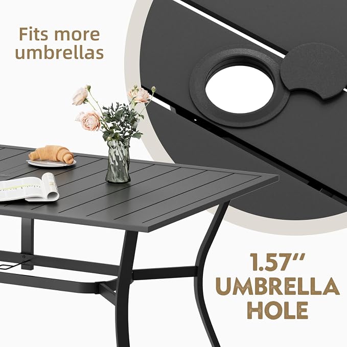 MELLCOM 63''x38'' Outdoor Dining Table for 6, E-Coating Metal Patio Dining Table with 1.57'' Umbrella Hole, All-Weather Black Rectangular Table for Porch, Garden, Backyard, Poolside, Lawn