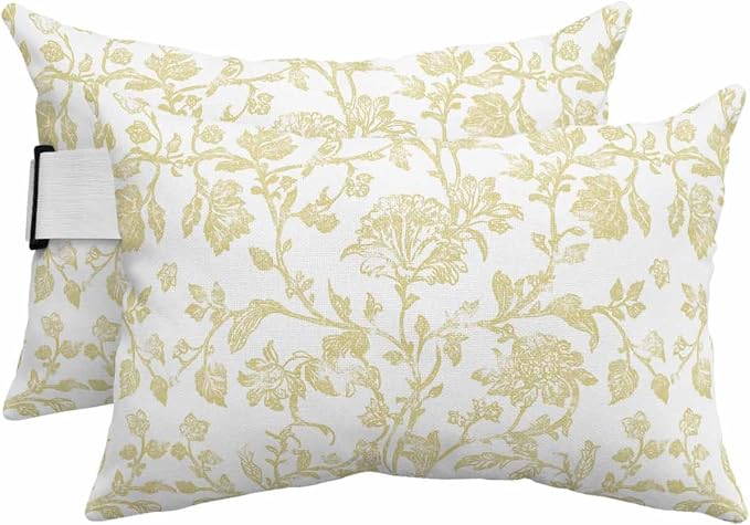 Pack of 4 Outdoor Lumbar Pillow Covers 11x16 Inch, Yellow Flower Waterproof Throw Pillow Covers Set, Vintage Farmhouse Boho Leaf Spring Plant Indoor&Outdoor Cushion Cases for Patio Porch Beach