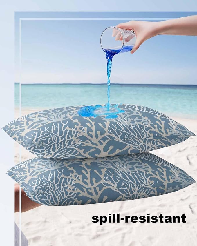 Pack of 2 Outdoor Pillow Covers 20x12 Waterproof Blue Coral Coastal Throw Pillow Covers, Decorative Pillowcases Nautical Ocean Marine Organism Cushion Covers for Patio Garden Couch Pillow Case