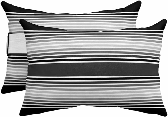 Pack of 2 Outdoor Lumbar Pillow Covers 12x20 Inch, Black Striped Waterproof Throw Pillow Covers Set, Black Ombre Farmhouse Stripes Indoor&Outdoor Decorative Cushion Cases for Patio Porch Car