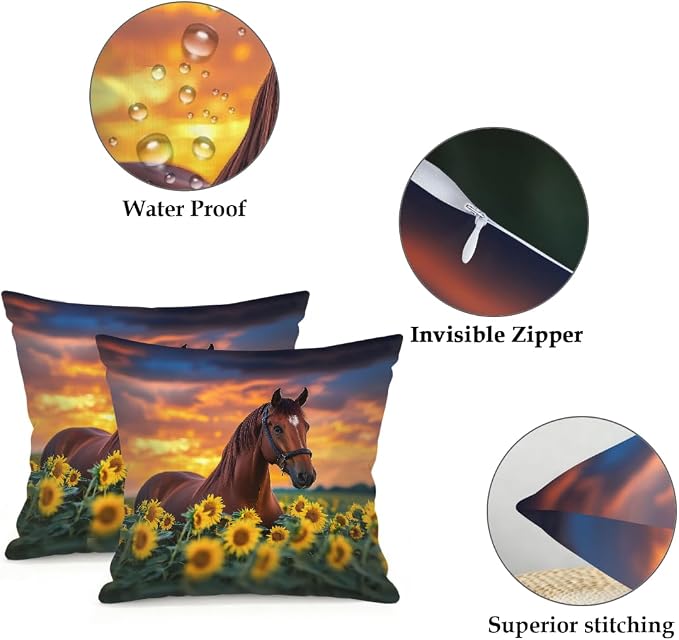 22x22 Inch Outdoor Pillow Covers Set of 2 Waterproof Throw Pillow Covers Decorative Couch Cushion Covers Brown Horse Sunflower Square Pillowcases Protectors for Patio Garden Sofa