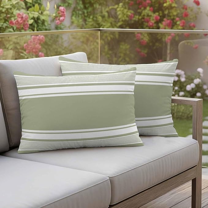 Vandarllin Outdoor Throw Pillows Covers 20x12 inch Set of 2 Waterproof Sage Green Stripes Decorative Zippered Cushion Covers for Patio Furniture, Striped Lines Lumbar Pillowcases