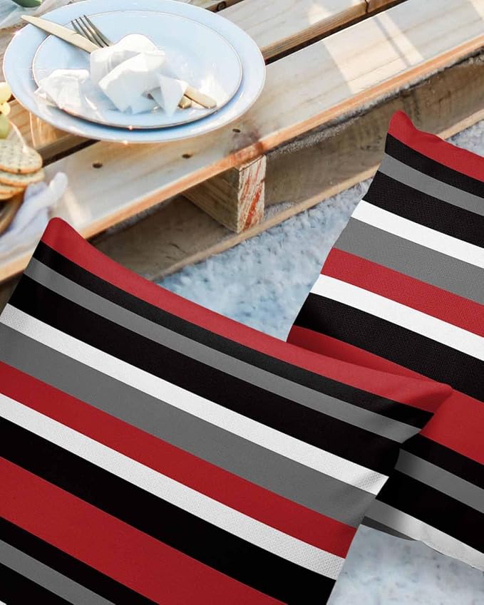 Outdoor Throw Pillow Cover Multicolor Horizontal Stripes Waterproof Cushion Covers 2 Pack Red White Gray Pillow Cases Home Decoration for Patio Garden Couch Sofa