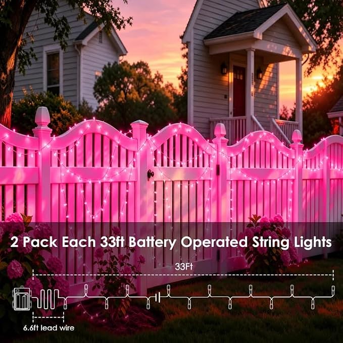 2 Pack 200 LED Battery Operated String Lights, Twinkle Fairy Lights Pink | 66FT 8 Modes Battery Lights Indoor Outdoor with Auto Timer, Waterproof Lights for Bedroom Party Porch Tree Holiday Decor