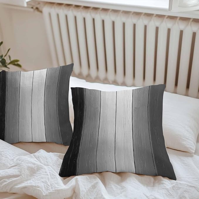 Throw Pillow Covers 18x18 Inch Set of 2, Black Gray Ombre Waterproof Outdoor Cushion Covers, Vintage Country Wooden Decorative Pillowcases for Couch, Sofa, Bed, Garden, Patio