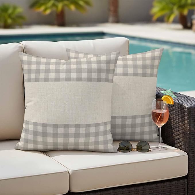 Retro Grey Outdoor Waterproof Pillow Covers, Farmhouse Buffalo Plaid Vintage Beige Decorative Square Throw Pillowcase Sofa Cushion Sham for Patio/Couch/Chair, 24"x24" 2 Pack