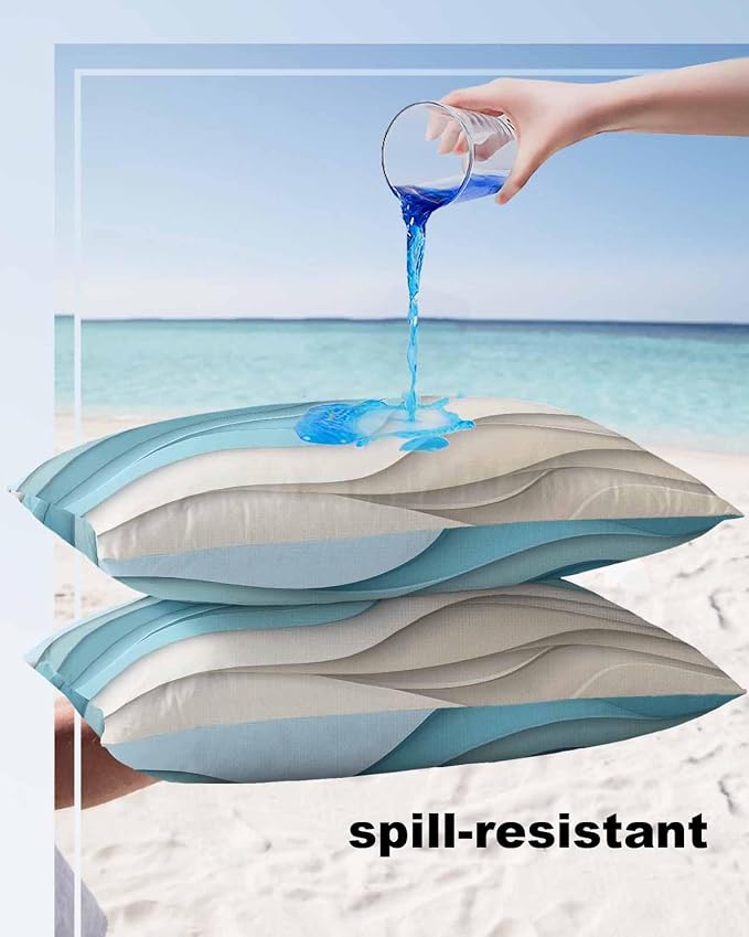 Pack of 2 Ombre Blue Brown Outdoor Pillow Waterproof Covers 20x12 inch, Abstract Wave Polyester Throw Pillow Covers Garden Cushion Decorative Case for Patio Couch Decoration