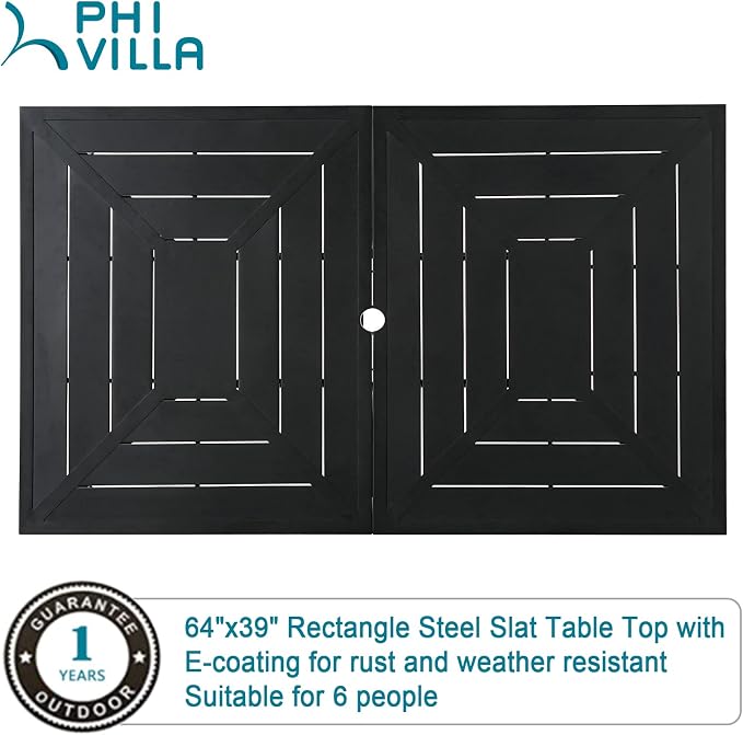 PHI VILLA 64" Large Metal Patio Dining Table Steel Rectangular Outdoor Table, Weather-Resistant Table with 1.77" Umbrella Hole for Lawn Backyard Garden, Black