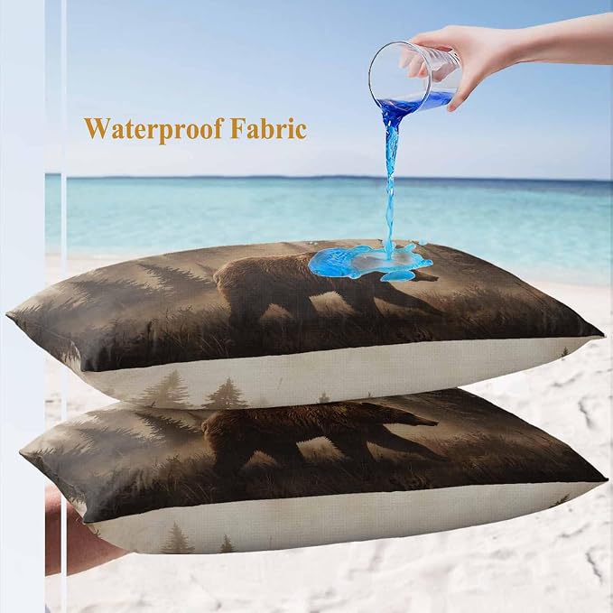 Yukro Nature Landscape Outdoor Waterproof Pillow Covers Pack of 2, Rustic Brown Bear Misty Forest Pine Tree Throw Pillowcases Decorative Cushion Covers for Garden Patio Tent Sofa Couch, 20x12 inch