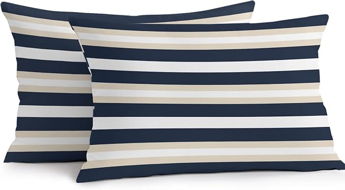Khaki Navy Blue Striped Outdoor Pillow Covers Waterproof, All Weather Cushion Case Set of 2, Farmhouse Abstract Lines Art Lumbar Pillowcase for Sofa Couch Bed Decor Patio Furniture 20"x12"